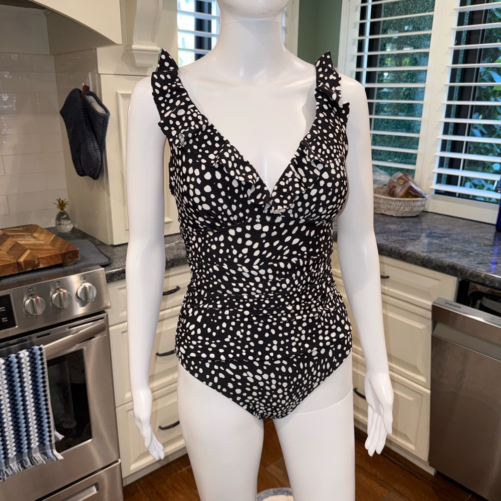DKNY Black White Polka Dot Ruffled Collar One Piece Bathing Suit 6